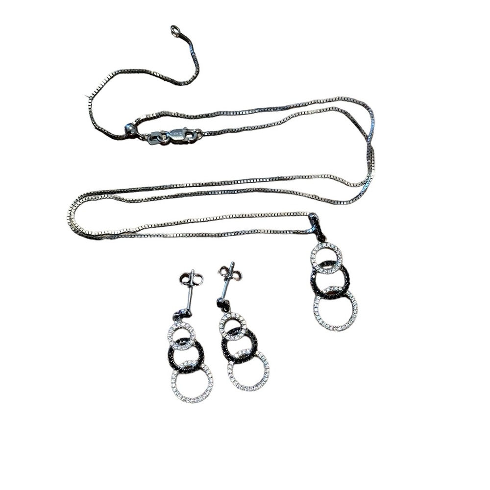 Black and white diamond necklace and earring set in silver